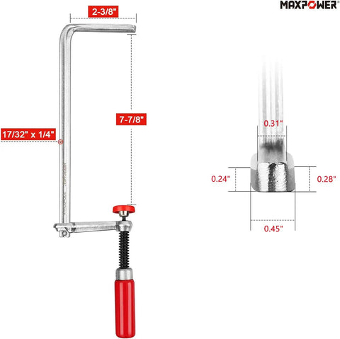 Quick Screw Guide Rail Clamp Set for MFT and Guide Rail Systems, Opens to Seven and Seven Eighths Inches dimensions diagram.
