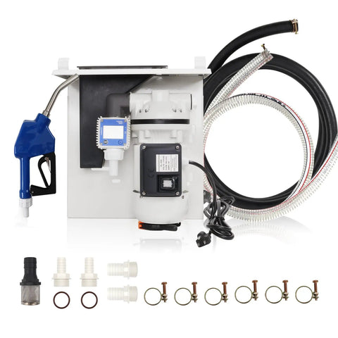 Heavy Duty Diesel Exhaust Fluid Pump Kit 110V All In One Dispensing System with auto nozzle, flow meter, and 20 ft hose.