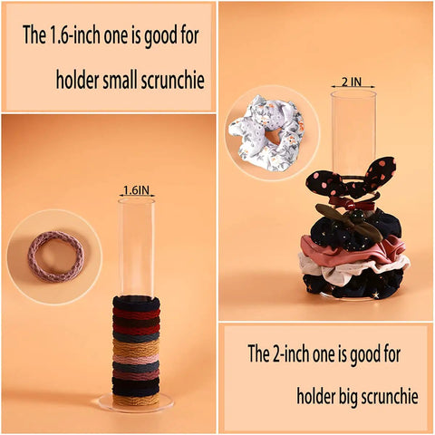 Duo Pack Clear Acrylic Scrunchie Holder Organizer Set For Hair Ties showing two holders filled with various colored scrunchies.