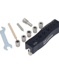 Knockout Centering Dowel Jig For Woodworkers With Rock Solid Aluminum Build, adjustable with drill bits for cabinet assembly.