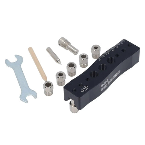 Knockout Centering Dowel Jig For Woodworkers With Rock Solid Aluminum Build, adjustable with drill bits for cabinet assembly.