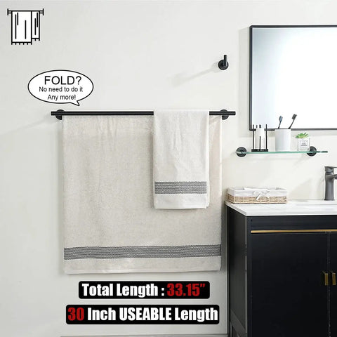 Double Bath Towel Bar Matte Black 33 Inch Stainless Steel Towel Rack With 0.8mm Thick Tube Rust Resistant 304 Grade Wall Mount Towel Holder Usable 30 Inch Length Easy Install No Fuss Quick Drying And Neat Towels, mounted in bathroom