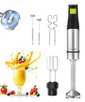 4 In 1 Immersion Hand Blender Powered By A Beefy 1100W Motor With Precision Trigger Speed Control And 304 Stainless Steel Shaft with accessories and smoothie.