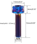 Four Pack M4X15MM Grade Five Titanium Torx Flange Bolts Burnt Blue Finish close-up showing dimensions and thread pitch.