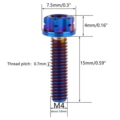 Four Pack M4X15MM Grade Five Titanium Torx Flange Bolts Burnt Blue Finish close-up showing dimensions and thread pitch.