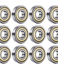 Pack of 12 high performance 608ZZ ball bearings for skateboards, inline skates, scooters, and robotics, ensuring smooth and efficient motion.