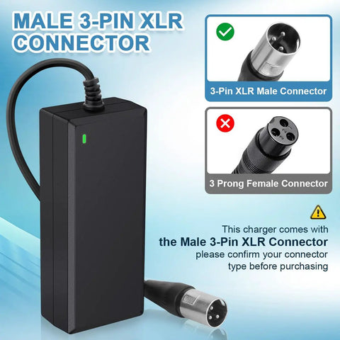 24V 2A 3 Pin XLR Electric Scooter Battery Charger For 24V Mobility Scooters AC 100 240V Input DC 24V 2A Output For Faster Charge LED Indicator Green For Charged Red For Charging Includes 3.9 Foot US Power Cord Short Circuit Protection