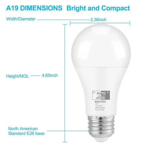 Dusk To Dawn A19 LED Light Bulbs 850 Lumens Daylight Bright 60W Equivalent Energy Efficient 9.5W E26 Base 2 Pack diagram