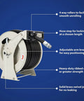 1 Inch By 50 Foot Fuel Hose Reel With Spring Driven Retractable Design, 300 PSI Diesel Hose Reel, showing features and labels