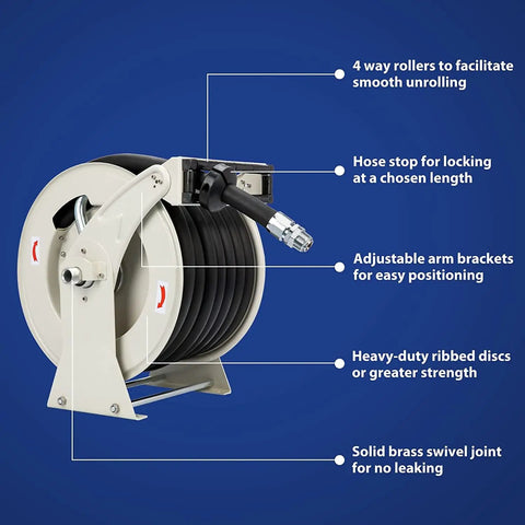 1 Inch By 50 Foot Fuel Hose Reel With Spring Driven Retractable Design, 300 PSI Diesel Hose Reel, showing features and labels