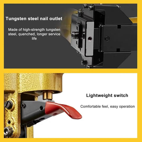 Close-up of Pneumatic Handheld Carton Sealer Tool showing tungsten steel nail outlet and lightweight switch for easy operation.