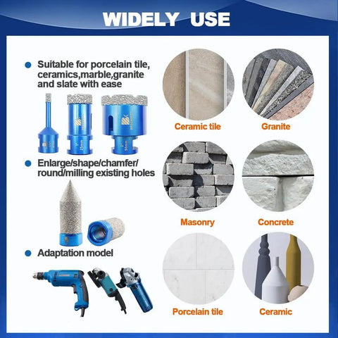 Dope Diamond Core Drill Bit Set For Porcelain Tile Ceramic Marble Granite Drilling With Diamond Drill Bits 6/6/8/25/35/50mm shown with tile samples