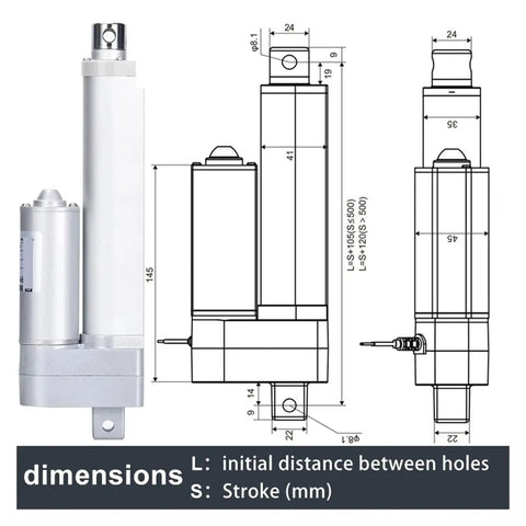 Heavy Duty Electric Linear Actuator With Built In Hall Sensor dimensions diagram, showing size and connection details, 24V stroke specifications.