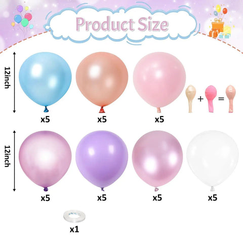 Pastel Mermaid Balloons Set With Pearl Rose Gold And Metallic Pink Purple Blue Latex Party Balloons For Girls Birthday Party Ready Bridal Shower Baby Shower Candyland Fairy Theme Decor Kit Featuring 35 Balloons And Ribbon shown in size chart.