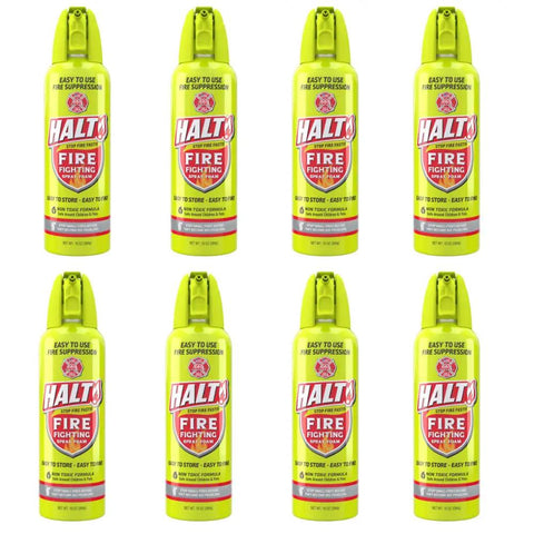 Array of 8 HALT! 10oz Fire Safety Spray Handheld Fire Suppressor Non Toxic PFAS Free, compact and portable for various uses.