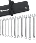 22 Piece Long Pattern Metric Combination Wrench Set With 12 Point Box Ends laid out with black carrying pouch