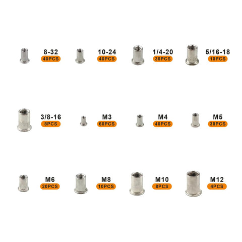 300 Pcs Rivet Nut Kit Stainless Steel Metric M3 M4 M5 M6 M8 M10 M12 And SAE Sizes Eight Thirty-Two Ten Twenty Four Three Eighths