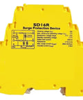 Rock Solid Surge Protector For Industrial 485 Data Signal Line, 16V 20kA Guard, yellow casing with specifications chart