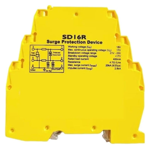 Rock Solid Surge Protector For Industrial 485 Data Signal Line, 16V 20kA Guard, yellow casing with specifications chart