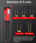Kick Seized Bolts Loose With This 1300W Magnetic Induction Heater Featuring Five Quick Swap Coils For Lightning Fast Heating And Effortless Rusty Nut Extraction In Your Garage Or Workshop image showing five coil sizes and heater dimensions.