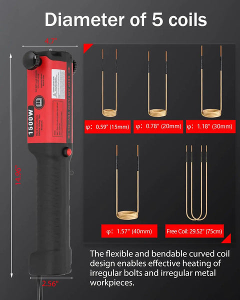 Kick Seized Bolts Loose With This 1300W Magnetic Induction Heater Featuring Five Quick Swap Coils For Lightning Fast Heating And Effortless Rusty Nut Extraction In Your Garage Or Workshop image showing five coil sizes and heater dimensions.