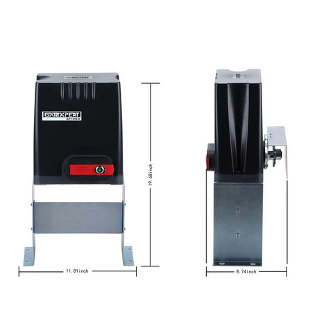 Front and side view of Automatic Sliding Gate Opener With Remote Transmitters And Infrared Photocell Sensor, dimensions shown