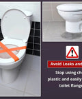 Toilet with orange tape across seat, warning against cheap flanges. Superior Grade Heavy Duty Closet Flange Replacement With Stainless Steel Ring And Thick Rubber Gasket Makes Repairing Broken Cast Iron Toilet Piping A Dead Simple Fix For Contractors.