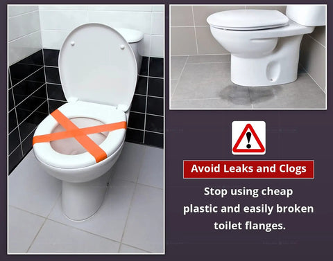 Toilet with orange tape across seat, warning against cheap flanges. Superior Grade Heavy Duty Closet Flange Replacement With Stainless Steel Ring And Thick Rubber Gasket Makes Repairing Broken Cast Iron Toilet Piping A Dead Simple Fix For Contractors.