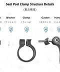 Beefy Aluminum Bike Seat Post Clamp With Quick Release Fits 28.6mm 31.8mm And 34.9mm shown in parts including nut and handle.