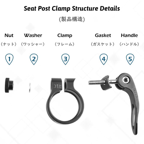 Beefy Aluminum Bike Seat Post Clamp With Quick Release Fits 28.6mm 31.8mm And 34.9mm shown in parts including nut and handle.