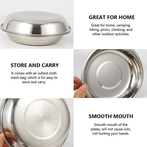 Image of Stainless Steel Outdoor Dining Set With Plates Bowls And Cutlery Compact Camping Tableware Kit showing lid and smooth edges