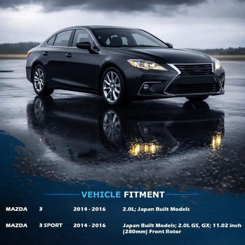 Sedan in wet parking lot, suitable for Brake Kit For 2014 2015 2016 Mazda 3 Sport With 11.02 Inch Front Rotors 10.43 Inch Rear Rotors.
