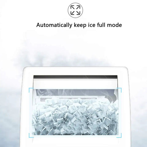 Premium Automatic Ice Cube Maker Pulling Forty Kilos Daily, Zero Trouble Self Clean Routine, Crystal Clear View Port filled with ice cubes.
