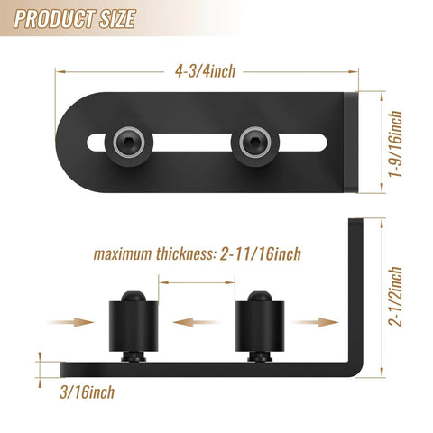Sliding Barn Door Bottom Floor Guide With Wall Mounted Rollers, Flat Bottom, Heavy Duty Steel, Black, Product Size Diagram