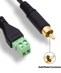 Close-up of RCA Screw Terminal Block Adapter Cable Solderless Connector 2 Pin RCA Male To AV Extension, gold-plated connectors