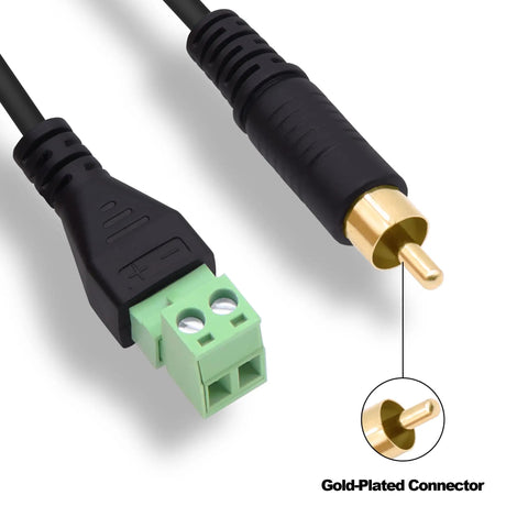 Close-up of RCA Screw Terminal Block Adapter Cable Solderless Connector 2 Pin RCA Male To AV Extension, gold-plated connectors