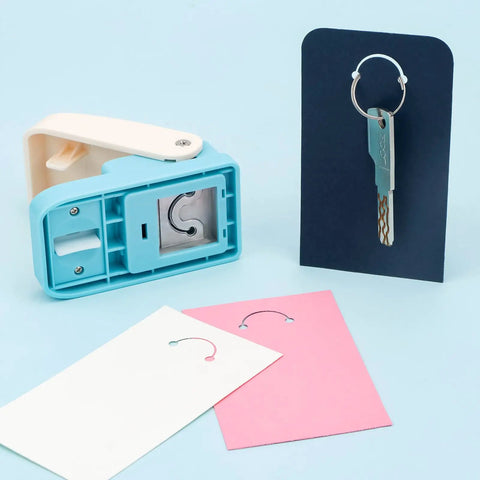Versatile Hangtag Punch For DIY Jewelry Displays And Card Tags with cut cards, keychain display, ideal for scrapbooking, 80-500 GSM paper.