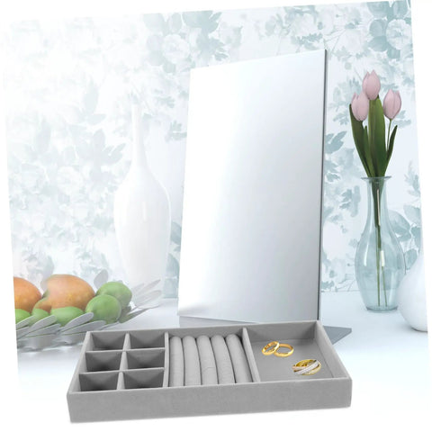 Chic Five Grid Jewelry Organizer Tray For Dresser Drawer With Cozy Flannel Interior And Polished Faux Leather Exterior showcasing rings and compartments.