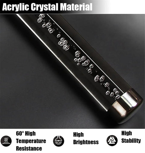 Sleek Transparent Acrylic Handrail With Heavy Duty Silver Wall Mount Brackets For Indoors Outdoors Stair And Deck Safety Featuring Bubble Design Supporting Four Hundred Forty Pounds Built Like A Tank For Daily Grind close-up showing bubble design and silver end caps.