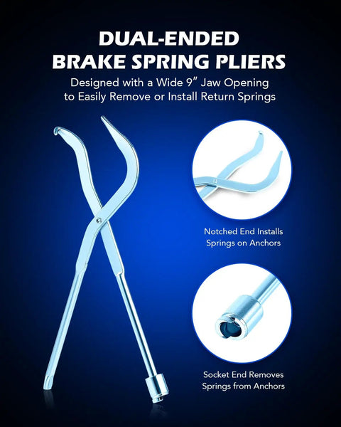 3 Piece Drum Brake Tool Kit with Brake Spring Tool and dual-ended pliers, showing 9 inch jaw opening for maintenance.