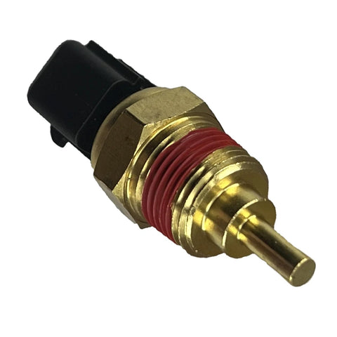 Coolant temperature sensor with brass threaded body, red seal, and black plastic connector.