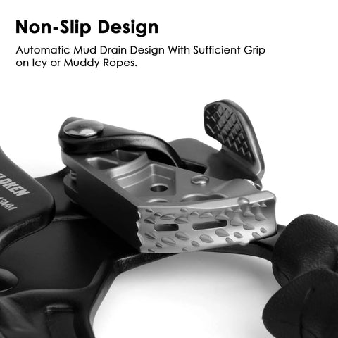 Close-up of Go-To Climbing Hand Ascender grip and cam, mud drain design, for 8-13mm rope, durable aluminum, 140kg load