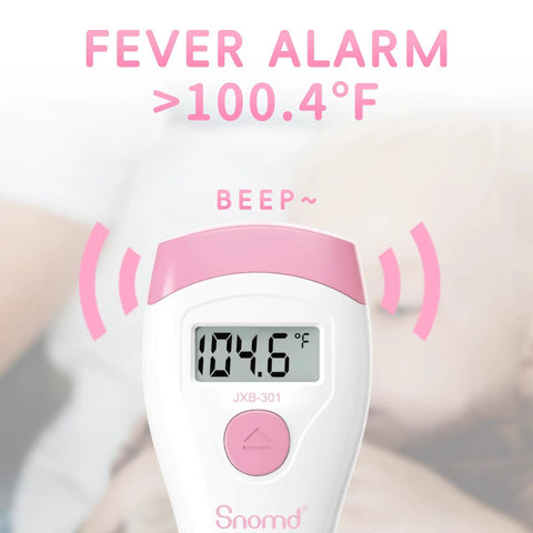 Non Touch Forehead Thermometer Digital 2 In 1 Infrared Thermometer For Adults Kids And Babies With Fever Alarm Instant Reading Medical Grade Accuracy With Backlit LCD For Easy Day And Night Readings, pink LCD front view