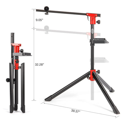 Heavy Duty Bike Repair Stand For Home Workshop Holds Up To 55 Lbs with adjustable height and foldable design, shown fully extended.