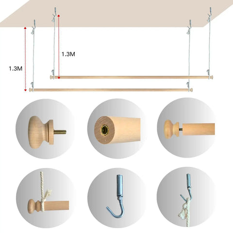 Adjustable Solid Wood Bed Canopy Frame Poles 78 Inch Length 2 Pieces Hanging Bed Pole Kit installation diagram with hooks and ropes