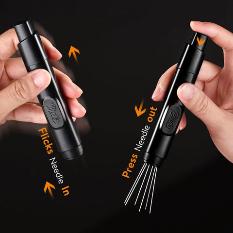 Retractable WDT Tool For Espresso Distribution And Stirring Magnetic Coffee Distributor With Storage Stand Includes Six Replacement Needles Black For Barista Pros And Home Espresso Nerds, showing hands demonstrating needle retraction and extension.