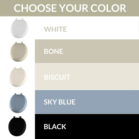 Color options for Comfy Cushioned Toilet Seat With Padded Vinyl Cover Over Wood Core, Secure Hinges, Easy Clean, Made In USA.