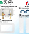 Washing Machine Outlet Box With Water Hammer Arrestor And 1/4 Turn Ball Valves, Easy Install, Reduces Hammering, Components Display