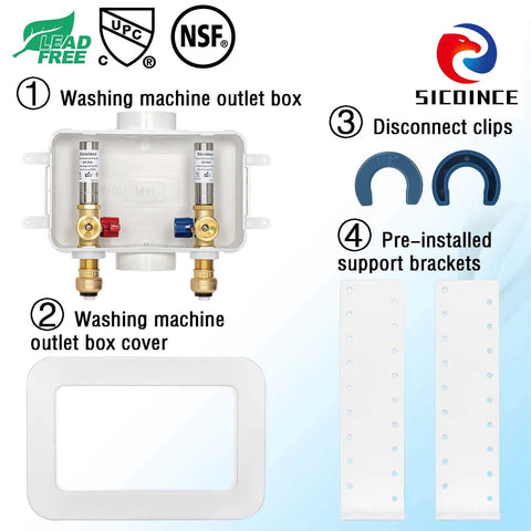 Washing Machine Outlet Box With Water Hammer Arrestor And 1/4 Turn Ball Valves, Easy Install, Reduces Hammering, Components Display