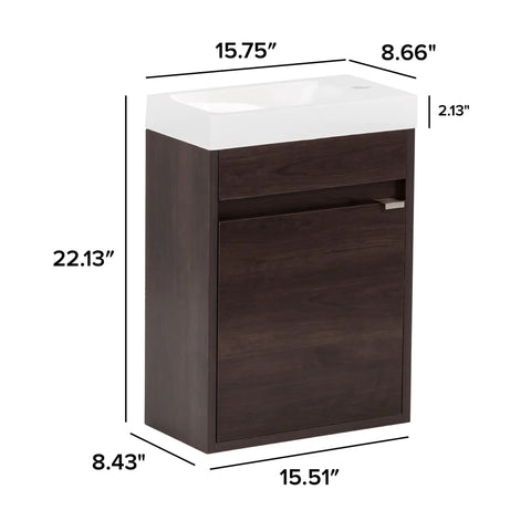 Floating 15.75 In W Small Bathroom Vanity With White Sink Top, 1-Door Cabinet, Open Under-Sink Storage, Satin Nickel Ledge Pull, Full-Overlay Flat-Panel Door, 22.13 In H, 8.66 In D, Elm Ember Finish, Modern Powder Room Storage